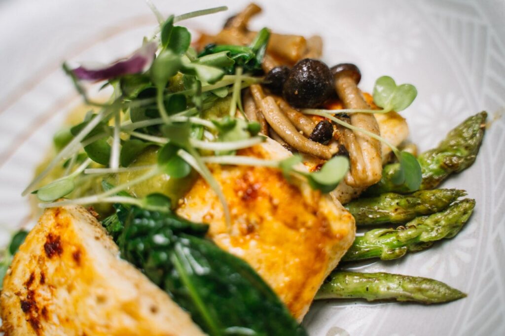 Crafting Captivating Headlines: Your awesome post title goes here Delicious tofu meal served with crispy asparagus and sautéed mushrooms.